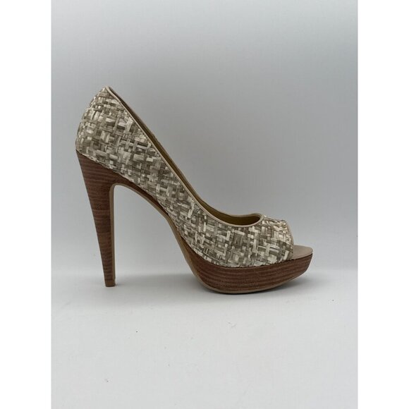 Levity Womens Peep Toe Platform Heels Size 7M Woven Texture Beige & Brown - Picture 3 of 7